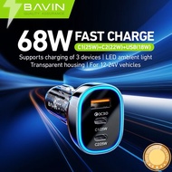 BAVIN PC978 68W PD Fast Charging USB-C Car Charger w/ 2x Type-C Port 25W / 1x USB Port 18W QC 3.0