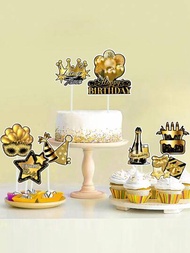 16入組黑金紙質蛋糕插裝飾品,成人禮生日派對裝飾用品,杯子蛋糕裝飾