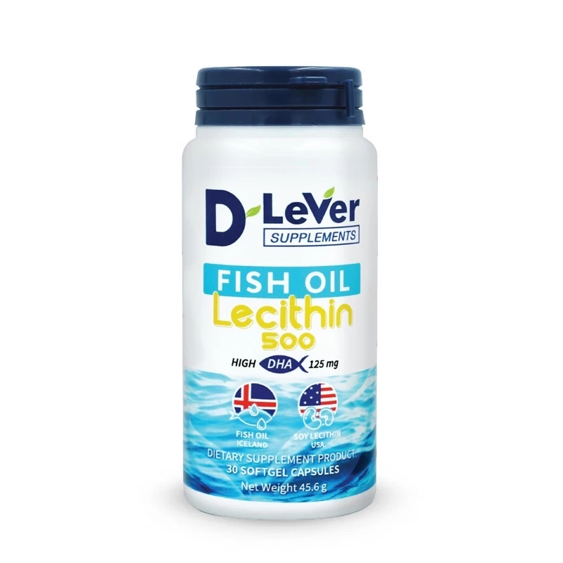 D Lever Fish Oil Lecithin 500 ฟิชออยล์ เลซิติน DHA 125 mg. 30 แคปซูล
