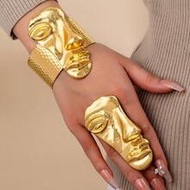 Gold Abstract Mask Design Bracelet & Ring Set, Gold Jewelry Set For Women, Oversized Metal Bracelet 