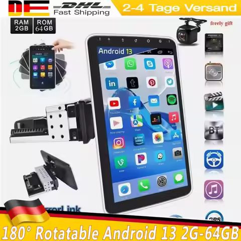 Universal 1DIN 180° Rotatable 10.1'' Multimedia CarPlayer Android 13 2G-64G Wireless Carplay Touch S