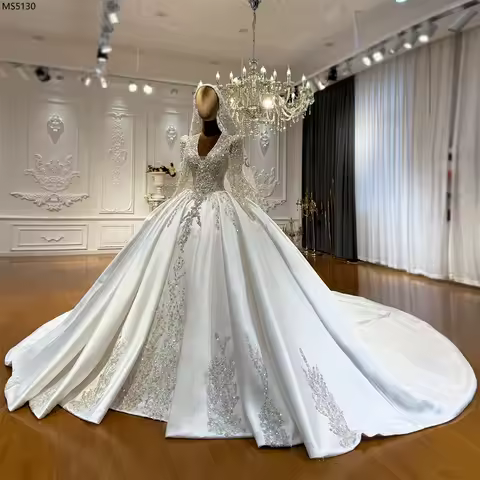 Customized NS5130 Satin Long Bridal Dresses With Silver Beading Lace