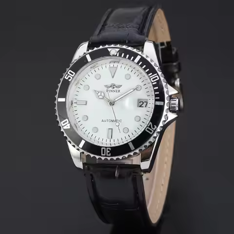 T-WINNER Round Calendar Watch Classic Diamond White Dial Stainless Steel Case Wristwatch Leather Ban