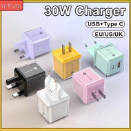 30W Fast Charger QC3.0 USB+PD Type C Dual Ports Fast Charging Color Phone Charger EU/US/UK Plug Wall