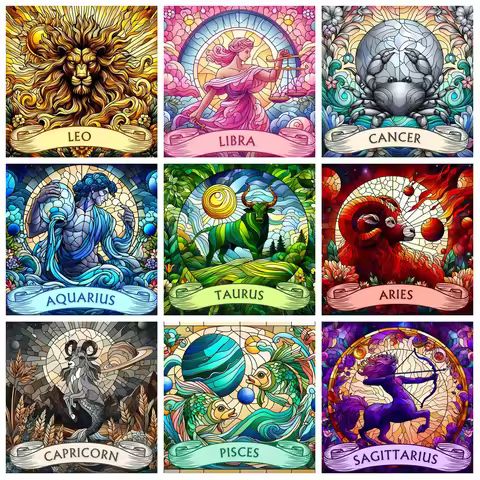 DIY 5D Diamond Painting Constellation Embroidery Cartoon Animal Full Round Drill Mosaic Leo Aries Wa