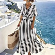 Black And White Striped Summer Casual Sexy Vacation Holiday Dress,Women's V-Neck Twist Waist A-Line 