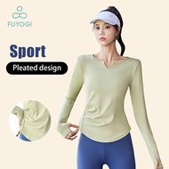 FUYOGI V-neck Sportwear Women Top Long Sleeve Breathable Slim Fit Long T-shirt Quick Dry Baju Workou