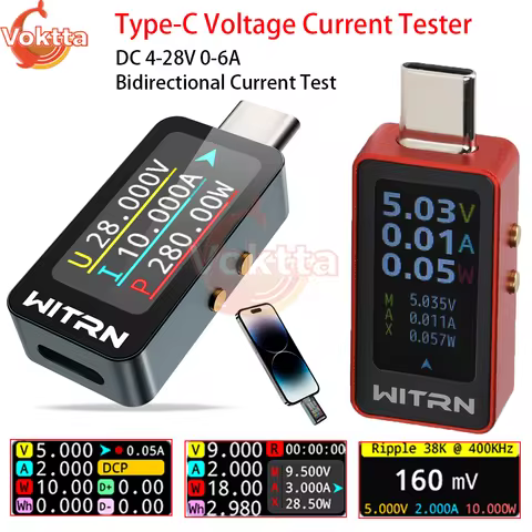DC 4-28V 6A Type-C Tester 0.96inch IPS Voltmeter Ammeter Power Meter Battery Charging Tester Bidirec