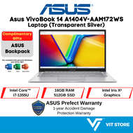 Asus VivoBook 14 A1404V-AAM172WS Laptop (Transparent Silver) Intel i7-1355U, 16GB, 512GB, Iris Xᶱ, 14" FHD, W11