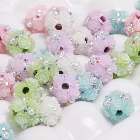 12pcs 1.2cm Random Color Mix Colorful Trumpet Rose Ball Beads Embed Artificial Pearl Rhineston Creat