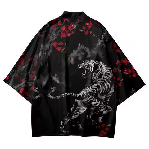Black Kimono Cardigan Men Women Japanese Obi Male Yukata Boys Haori Anime Tiger Print Coat Japanese