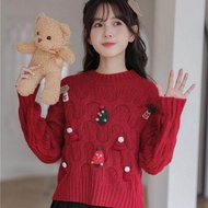 เสื้อสเวตเตอร์แขนยาวแบบสวมหัวเสื้อคอกลมถักสีแดงแนววินเทจเสื้อ3D ใหม่สำหรับฤดูใบไม้ร่วงคริสต์มาส