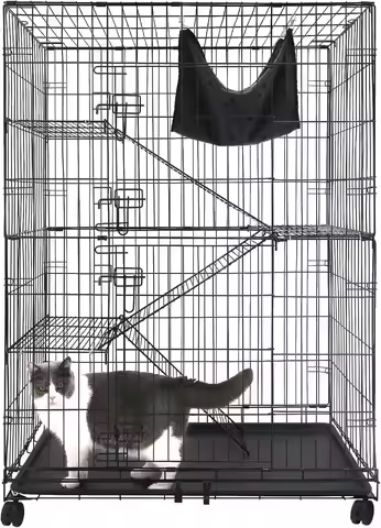 Large 4-Tier Cat Cage for Indoor Cats, Collapsible Metal Wire Kennel with Hammock, Ramp & 360° Wheel