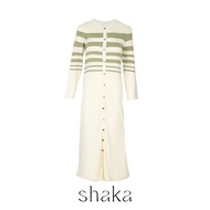 Shaka Striped Cardigan Dress เดรสผู้หญิงแขนยาว ผ้าคาร์ดิแกน ทอลายทาง สีเบจ DS-8230717 (AW23)