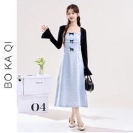 Blue French Style Square Collar Strapless Dress Slimming Waist Midi Skirt for Women Summer New Arriv