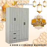 [KUKA] Almari Baju 4 Pintu | 4 Doors Wardrobe | Kabinet Baju | Cermin | Mirror | Drawer | Laci