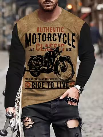 Men'S Vintage Motorcycle 3d Print T-shirt For Men Fashion Long Sleeve T-shirts Outdoors Tshirt Breat