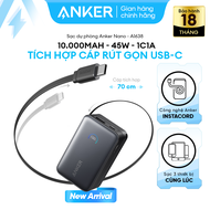 [Nano] Sạc dự phòng Anker Nano 10.000mAh | Công suất 45W | 2 cổng 1C1A | Tích hợp cáp USB-C rút gọn 
