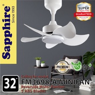 Sapphire 32” Motor Mini Ceiling Fan DC Reversible Motor 12 Speeds 5 ABS Blades Ceiling Fan with Ligh