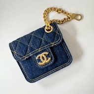 CHANEL 牛仔 深藍 金鍊 小掛包 吊飾 零錢包 卡包 AP3355