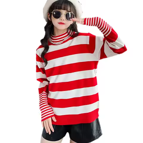 Spring Child Black and White and Red Striped Sweater for Girls Turtleneck Knitted Pullover Clothing 