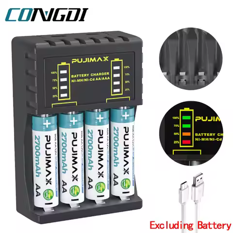 AA/AAA Battery Charger 4 Slots Intelligent LED Indicator USB C Micro Charger for Ni-MH/Ni-Cd Recharg