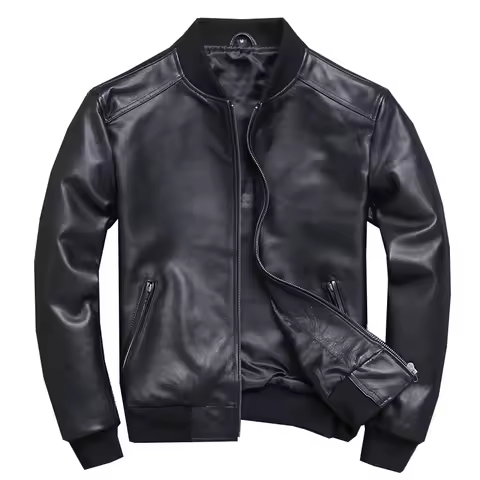 Black Aviation Genuine Leather Bomber Jacket Men Pilot Sheepskin Real Leather Jacket coat short Slim
