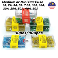 100pcs Car Fuse Medium Mini Car Fuse 1A 2A 3A 5A 7.5A 10A 15A 20A 25A 30A 40A 50A