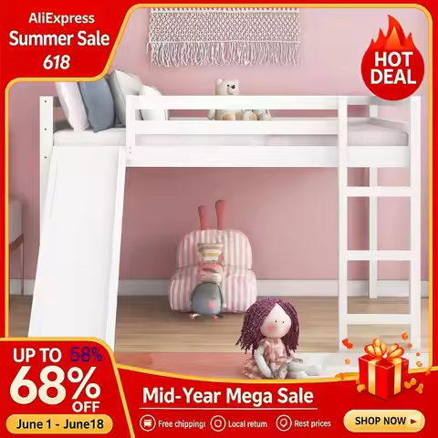 Full Loft Bed with Slide, Low Loft Beds with Ladder Safety Rail, Wooden Full Loft Bed Frame for Kids