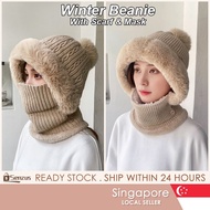 [SG] 3-In-1 Winter Beanie, Scarf & Mask Set Fleece-Lined Knit Hat With Ear Flaps, Windproof Warm Hoo