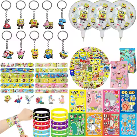 Cartoon Spongebob Birthday Gifts Keychains Bracelets Stickers Gift Filler Bags Gifts for Guests Kids