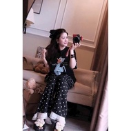 Bigsize 60-90kg Set of women's printed short-sleeved cotton t-shirts mixed with long straight pants 