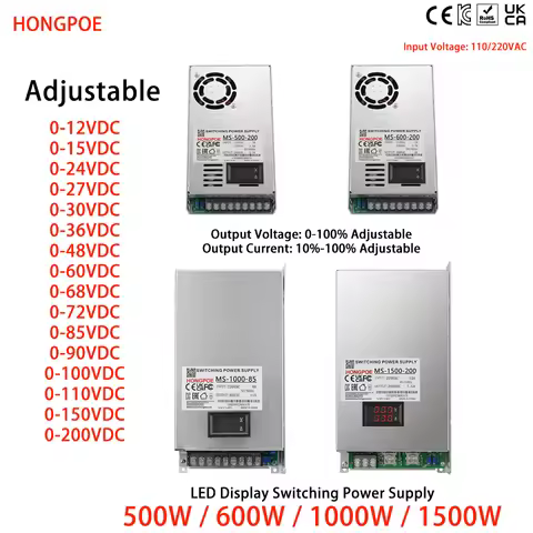 CE Digital Display 500/600/1000/1500W SMPS 0-200V Adjustable 10-100%Current 0-100%Voltage 110/220VAC