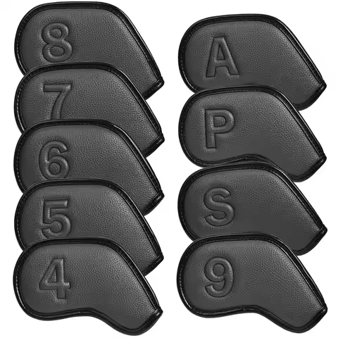 9pcs a Set Solid Black Leather Embossing Number Paint Edge Golf Headcover Wedges4 5 6 7 8 9 P A S Go