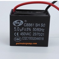 คาปาซิเตอร์ 5uF 450V. (ชนิดสาย) SENJU CAPACITOR เพื่อใช้กับมอเตอร์หรือปั้มน้ำต่างๆ