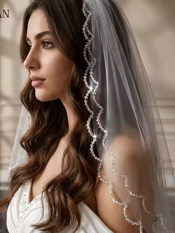 TOPQUEEN Bridal Veils Crystal Beaded Wedding Veil Wavy edge With Crystal Edge 2 Tier Super Soft Brid