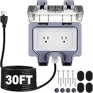 Kanayu Outdoor Outlet Box with 30ft Extension Cord, Dual 15 AMP 5-15 Receptacles Weatherproof Waterp