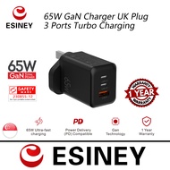 1YearSellerWarrantyESINEY Infinite.BOOST SuperMINI GaN PD65W Charger 3 Quick Charging Ports 65W GaN 