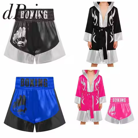 Kids Boys Bjj Muay Thai Gym Outfits Boxer Robes Metallic Color Block Boxing Uniform Hooded Boxer Rob