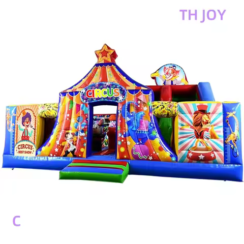 by ship to port, 8x8m Circus theme Inflatable Playground Jumping Castle, clown commercial inflatable