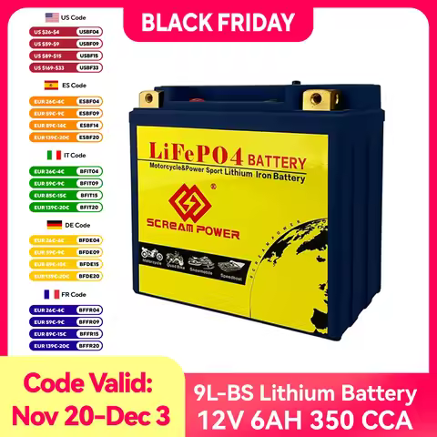 9-BS/9-B/9-B4 12V Motorcycle LiFePO4 Energy Starter Battery 6Ah 350A With BMS Replacement for Motorc