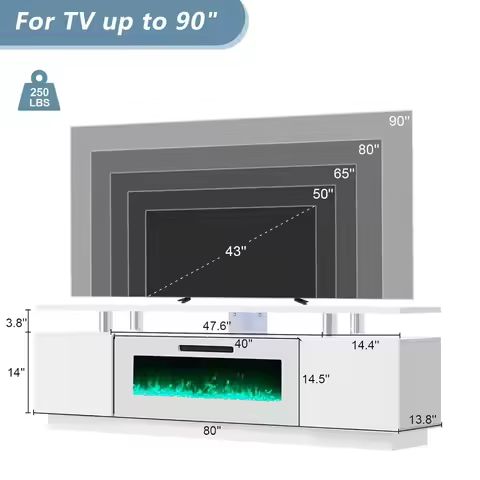 80" Fireplace TV Stand with 40" Electric Fireplace & LED Lights Wood TV Console, Modern Living Room 