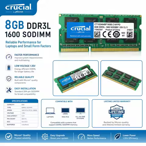 Crucial DDR3 DDR3L Laptop Memory RAM 8GB 1600MHz 8GB 1866MHz PC3-12800 PC3L-12800 14900 Notebook 1.5