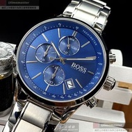 BOSS手錶,編號HB1513478,44mm銀圓形精鋼錶殼,寶藍色三眼, 中三針顯示, 運動錶面,銀色精鋼錶帶款,特別優惠活動開打趕緊來!, 暢銷熱賣!