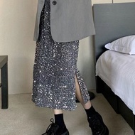 Velvet Sequin Midi Skirt, Women's High Waisted Explosive Black Long Skirt