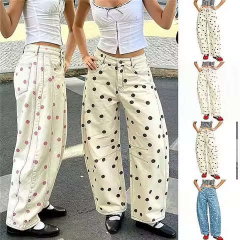 Women's Polka Dot Baggy Low Rise Jeans Casual Wide Leg Denim Pants