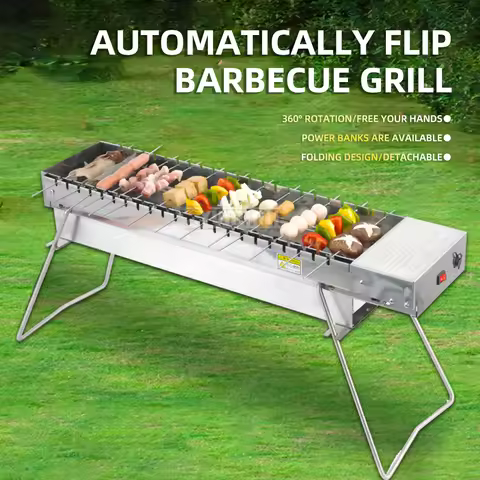 Folding Charcoal BBQ Machine Camping Grill Rack Automatic Flipping Barbecue Machine Outdoor Camping 