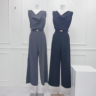 Korean Style Fashion High-Quality Boat Neck Short Sleeve Jumpsuit With Belt Women Clothes Set