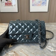 Chanel/香奈兒 CF大mini 深藍色銀扣漆皮 肩背包斜背包