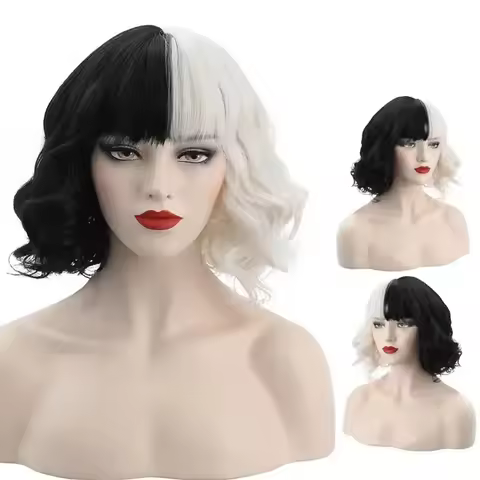 Anime Evil Madame Cruella De Vil Cosplay Wig Women Black White Wig Short Curly Afro Wigs Halloween C